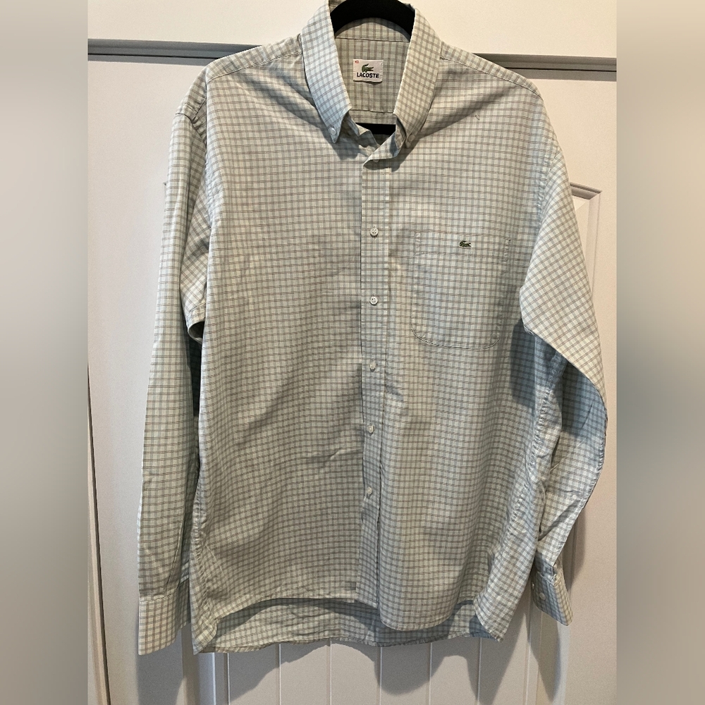 Lacoste Men's Tan and Green Plaid Shirt